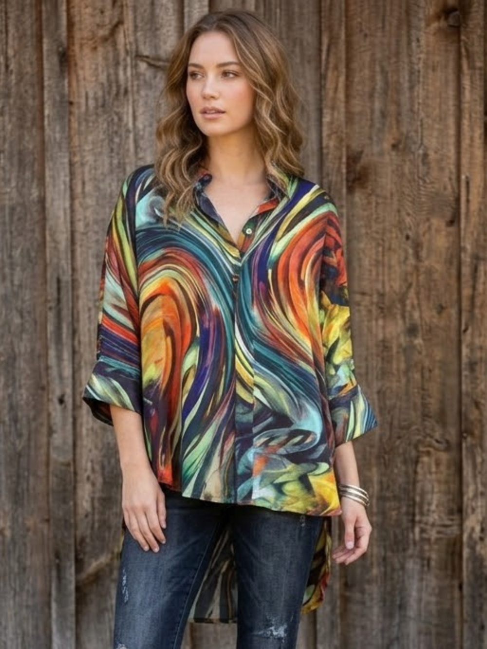 Dilemma Dhun Shroff 100% Silk Abstract Swirl Tunic Blouse Art To Wear One Size